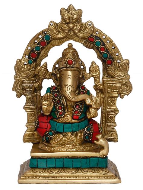 "Lord Ganesha Sitting On Singhasan": Yellow Orange Handicraft by Brass ...