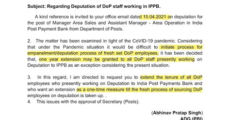 Regarding Extension of Deputation of DOP staff working in IPPB ...