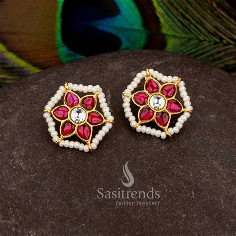 24K Jadau Gold Plated Floral Hexagonal Pearl & Kundan Stone Bugadi Ear ...