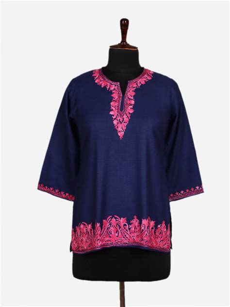 Buy Navy Blue Cotton Kashmiri Aari Embroidery Kurtis Online for Women ...