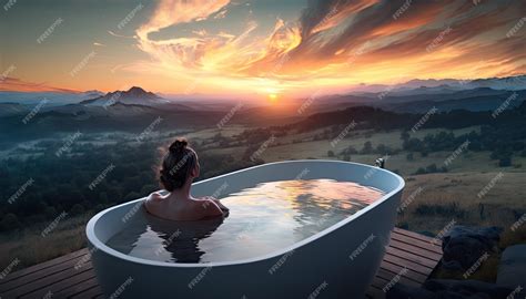 Premium AI Image | Young woman take bath outdoor at sunset girl rear view to nude back take ...