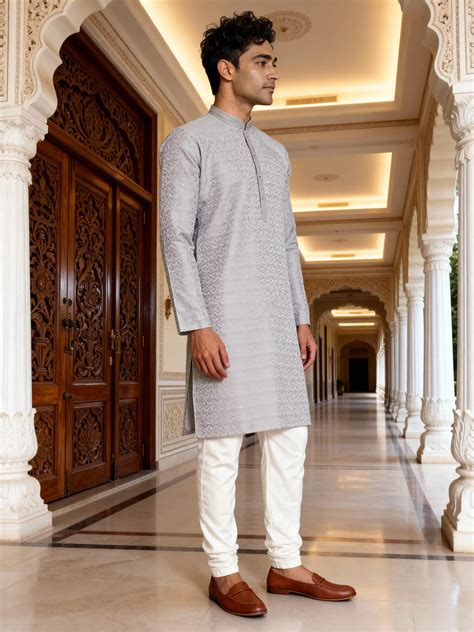 Grey Self Design Jacquard Party Wear Kurta Pyjama Set – South India ...