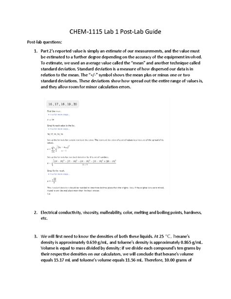 CHEM Lab 1 Post Lab - A general review guide - CHEM-1115 Lab 1 Post-Lab ...