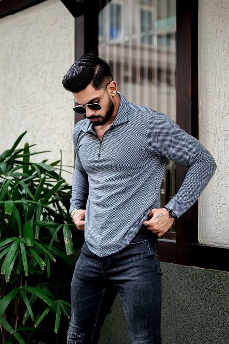 Dark Grey Self Design Zipper T-Shirt – Gritstones