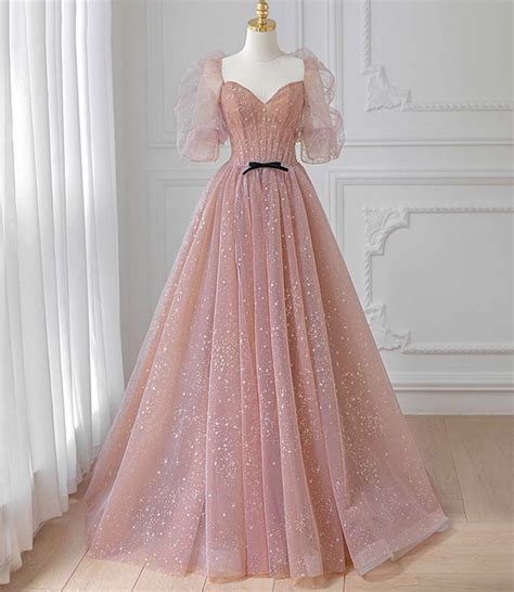 Pink Tulle Puffy Sleeves Long Princess Party Dresses, Pink Floor Length ...