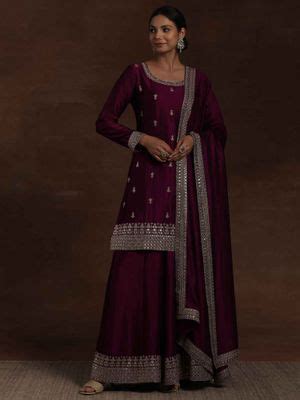 Buy Libas Wine Ethnic Motif Zari Embroidered Kurti with Palazzo and ...