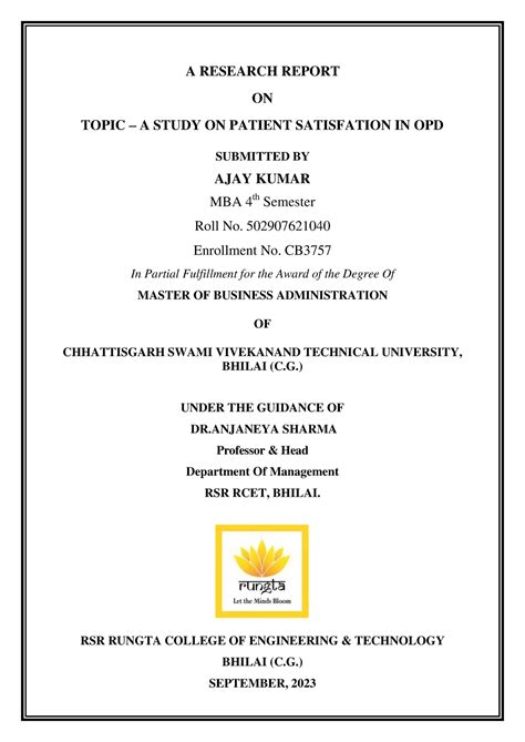 A study on patient satisfaction in OPD - A RESEARCH REPORT ON TOPIC – A ...
