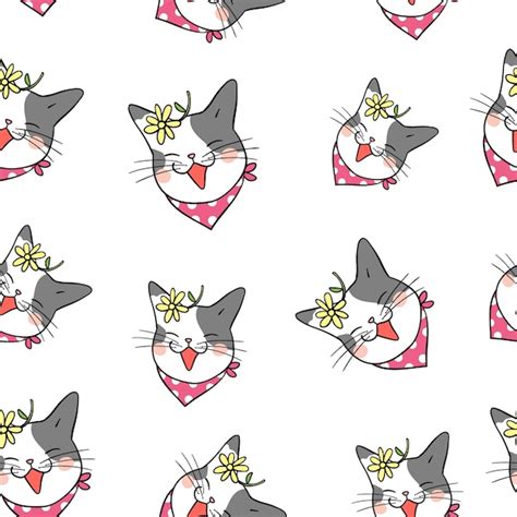 Seamless pattern background of cat with flower on head | Premium Vector