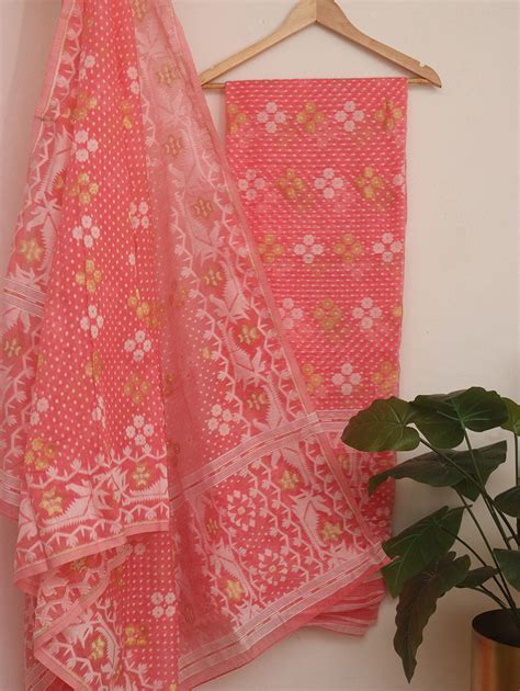 Shop the Stylish Pink Jamdani Cotton Silk Suit Set - Unstitched Two ...