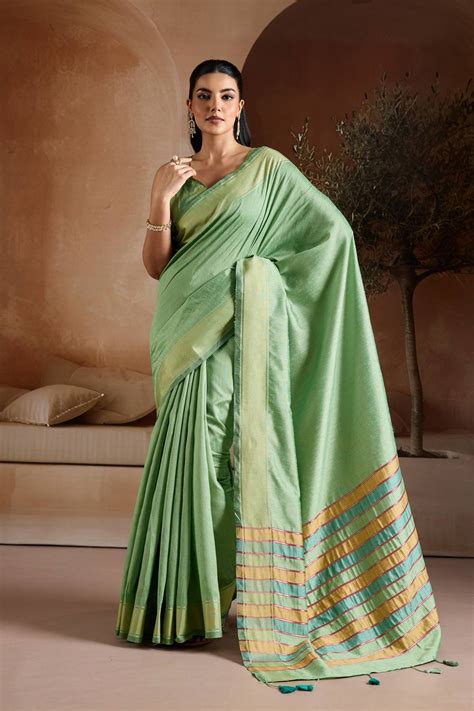 Buy Prerna Sage Green Handwoven Pure Bhagalpuri Silk Saree - OMS India