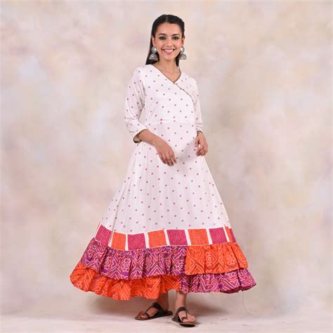 Buy White Bandhani Angrakha Yoke Dress | Rustorange