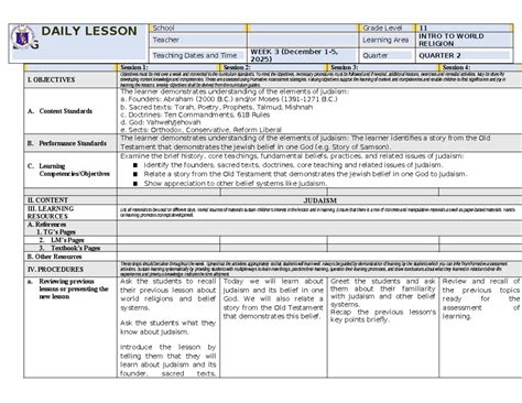 LOG DAILY LESSON: Understanding Judaism in World Religion (Quarter 2 ...