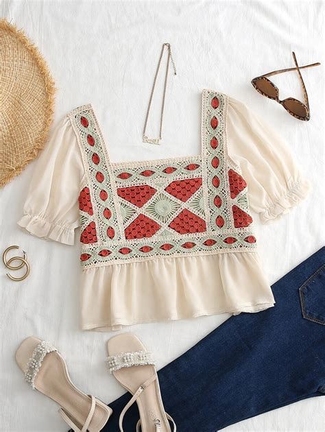 Breezaya Puff Sleeve Square Neck 2 In 1 Blouse Peplum Top | SHEIN USA