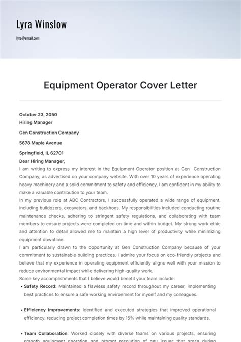 Free Equipment Operator Cover Letter Template to Edit Online