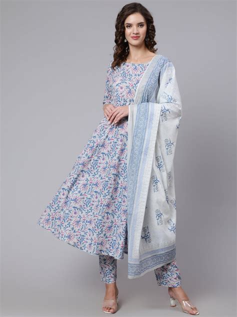 Grey Floral Printed Flared Kurta With Trouser And Dupatta – Trendphoria