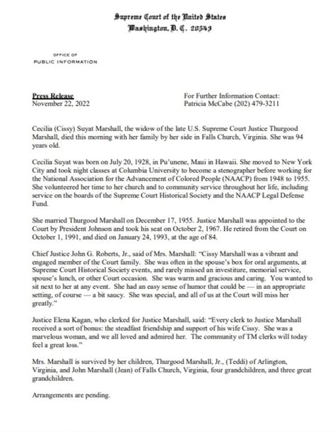 Cecilia (Cissy) Suyat Marshall, the widow of Thurgood Marshall, died ...