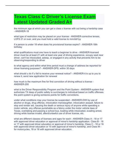 Texas Class C Driver’s License Exam Latest Updated Graded A+ - Texas ...