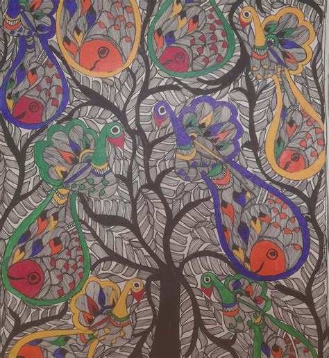 Traditional Madhubani Painting: Multi-Colored Peacocks on a Tree, Crea ...