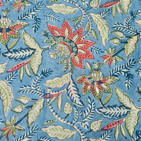 Pure Cotton Jaipuri Blue With Wild Peach Floral Jaal Hand Block Print ...