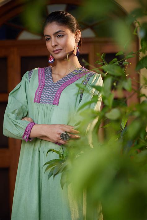 Mint green Chevron Print Front Gathered A-Line Kurta with Straight Pan ...