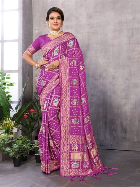 Purple Patola Bandhani Saree with Elephant Parrot Motifs – CLOHI