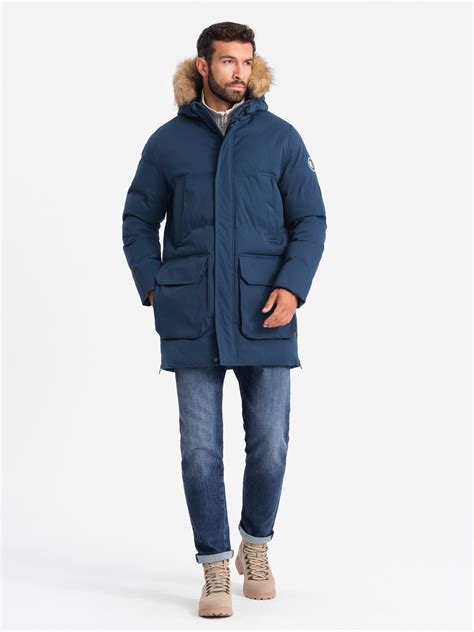 Men's long parka jacket with flared bottom - navy blue V5 OM-JALJ-0184 ...
