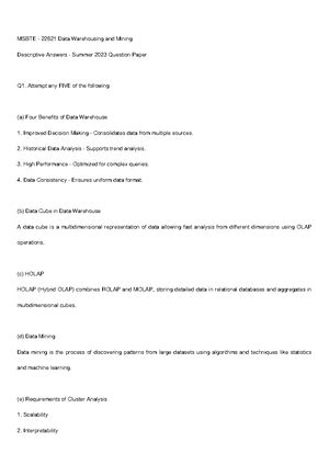 22621 2024 Summer Exam: Data Warehousing & Mining Questions - Studocu