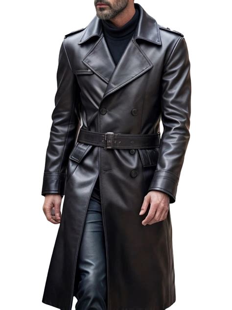 Belted Black Leather Trench Coat