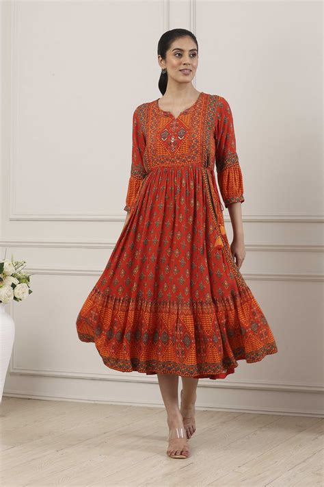 Buy Rust Orange Ethnic Motif Printed Midi Dress Online at Biba India
