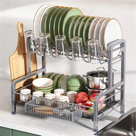Buy romision Dish Drying Rack and Drainboard Set, 2 Tier Large ...