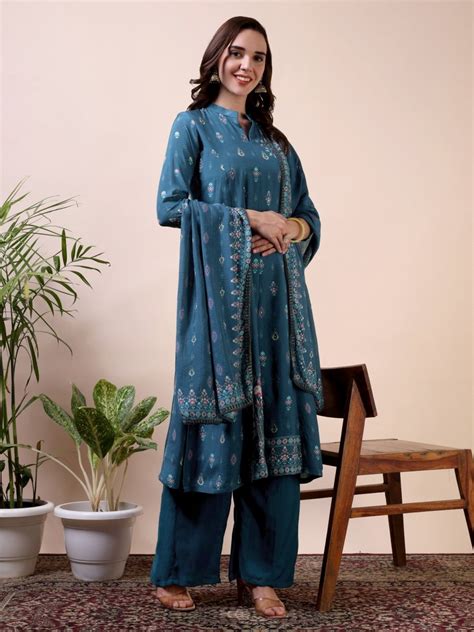 Metallic Blue Embroidered A-Line Kurta Set – CLOHI