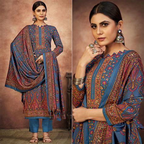 Blue Floral Printed With Swarovski Work Pashmina Suit