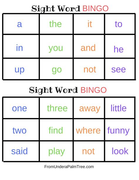 Kindergarten Sight Word Bingo