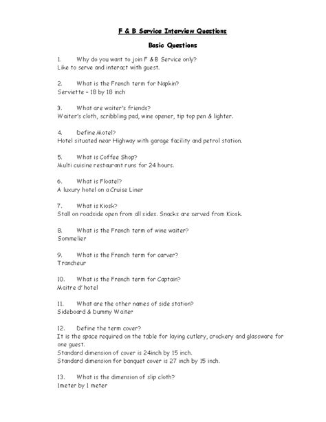 Interview questions of F & B Service OUESTION ANSWERS - F & B Service ...