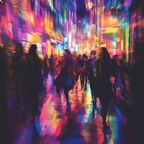 Digital art, wide angle, ambient haze street performer, neon signs, evening crowd, moody vibes 的图像结果
