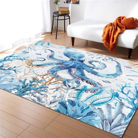 Area Rugs Indoor Non-Slip Rectangle Rug 4x6 Ft Blue Ocean Octopus ...