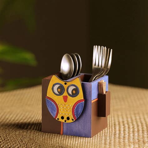 Buy 'Owl Motif' Cutlery & Toothpick Holder In Pine Wood (3 Partitions ...