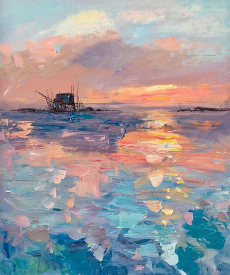 Sunset Seascape Oil Painting on Canvas, Original Textured Modern Impressionist Large Ocean Wall ...