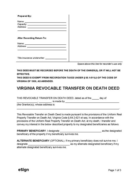 Free Virginia Transfer on Death Deed Form | PDF | Word