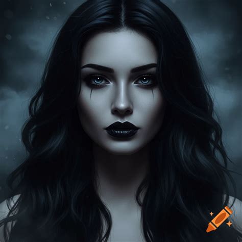 Close-up portrait of a woman with long black wavy hair, striking blue ...