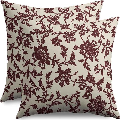 Burgundy Floral Block Print Pillow Covers 18x18 Set of 2 Rustic Old ...