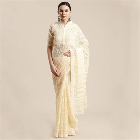 Exotic Cream Colored Party Wear Geometric Brasso Saree