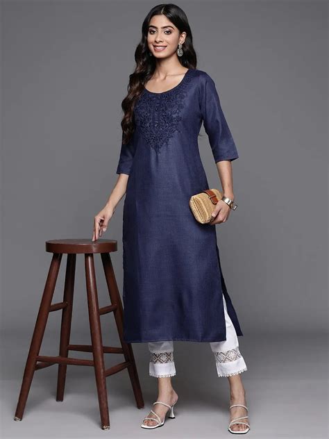 Buy Navy Yoke Design Cotton Straight Kurta Online at Rs.539 | Libas