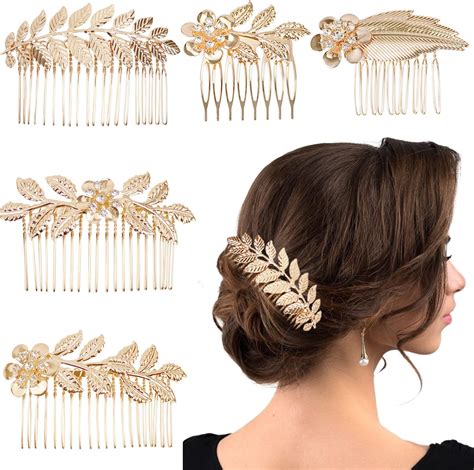 Amazon.com : 5 Pieces Leaf Hair Side Combs Gold Silver Rhinestone Hair ...
