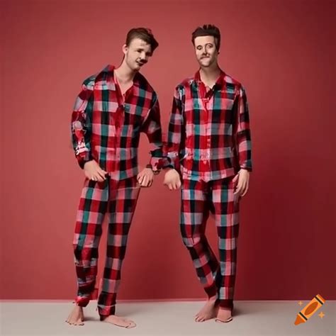 Two men wearing matching plaid button-up pajamas on Christmas eve on ...