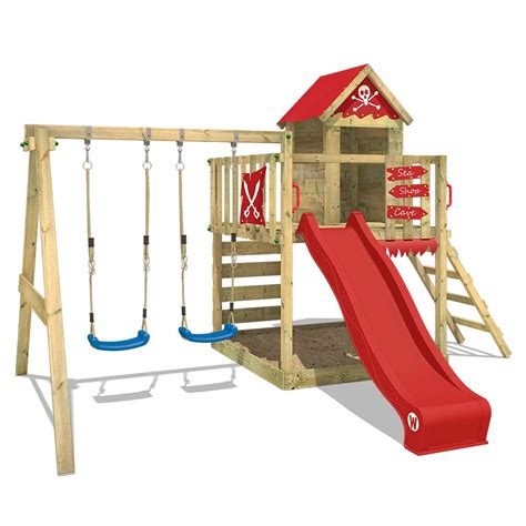 Buy WICKEY Wooden Climbing Frame Smart Cave with Swing Set and red ...