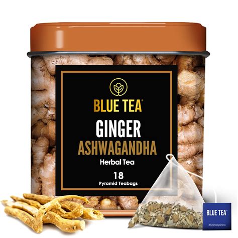 BLUE TEA - Ginger Ashwagandha Tea - 18 Tea Bags - Plant Based ...