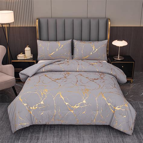 Amazon.com: MWMWMW Gray Comforter Queen Size, Grey and Gold Marble ...