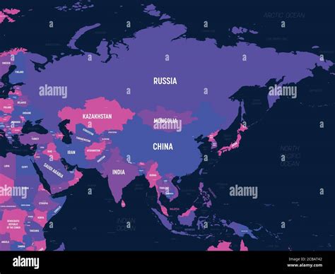 Asia. High detailed political map of asian continent with country, capital, ocean and sea names ...