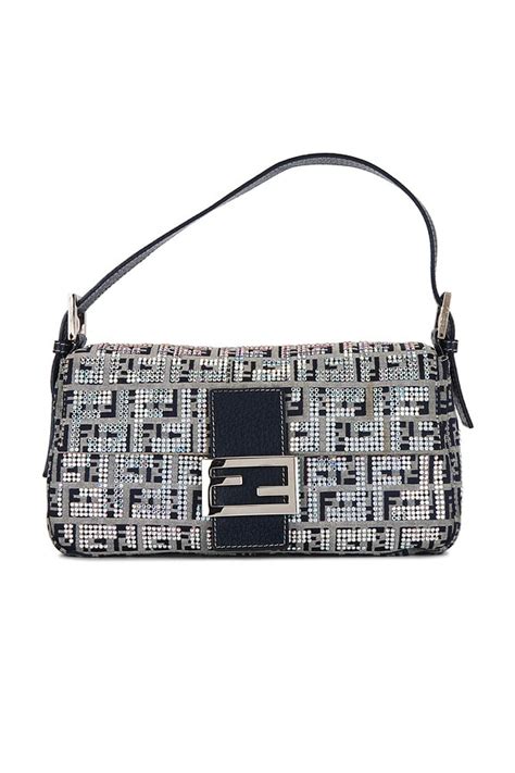 FWRD Renew Fendi Zucchino Crystal Baguette Shoulder Bag in Gray, Navy ...
